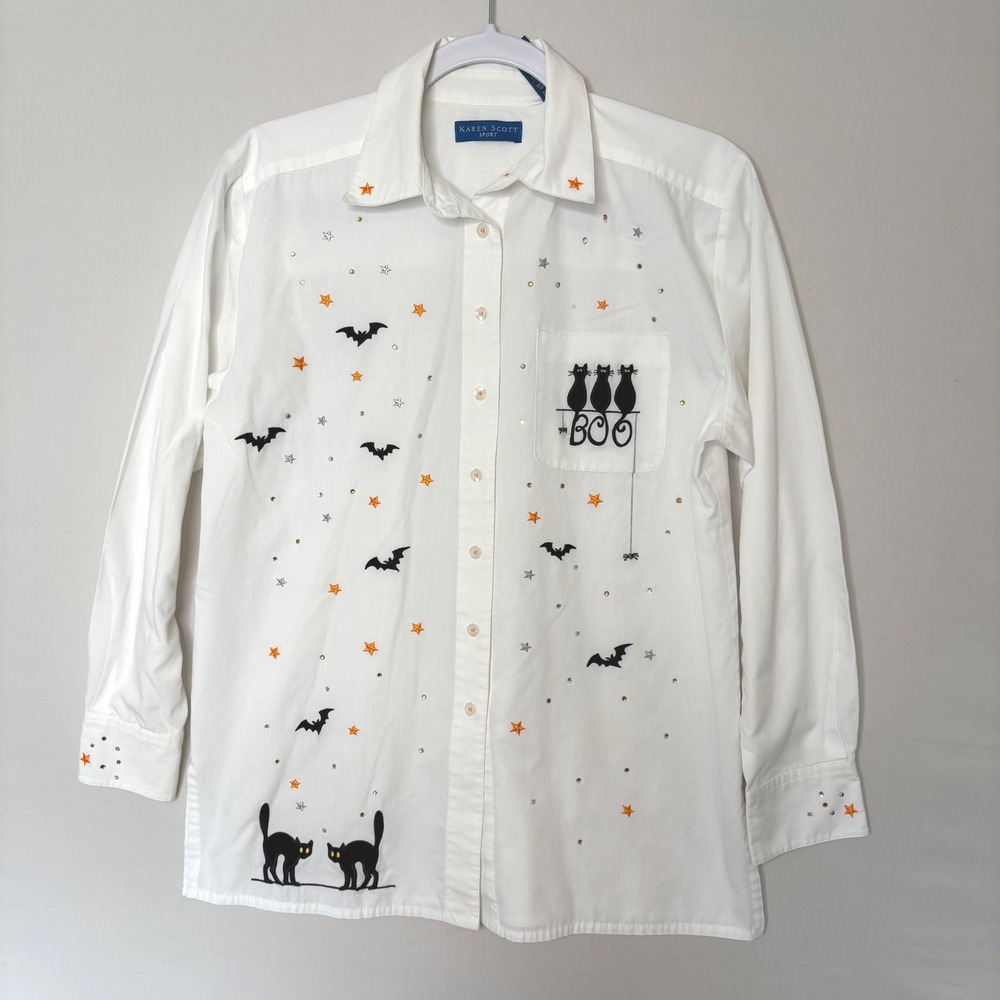 Vtg Karen Scott Whimsigoth Halloween Grandmacore Embroidered Shirt S Flaw Sequin